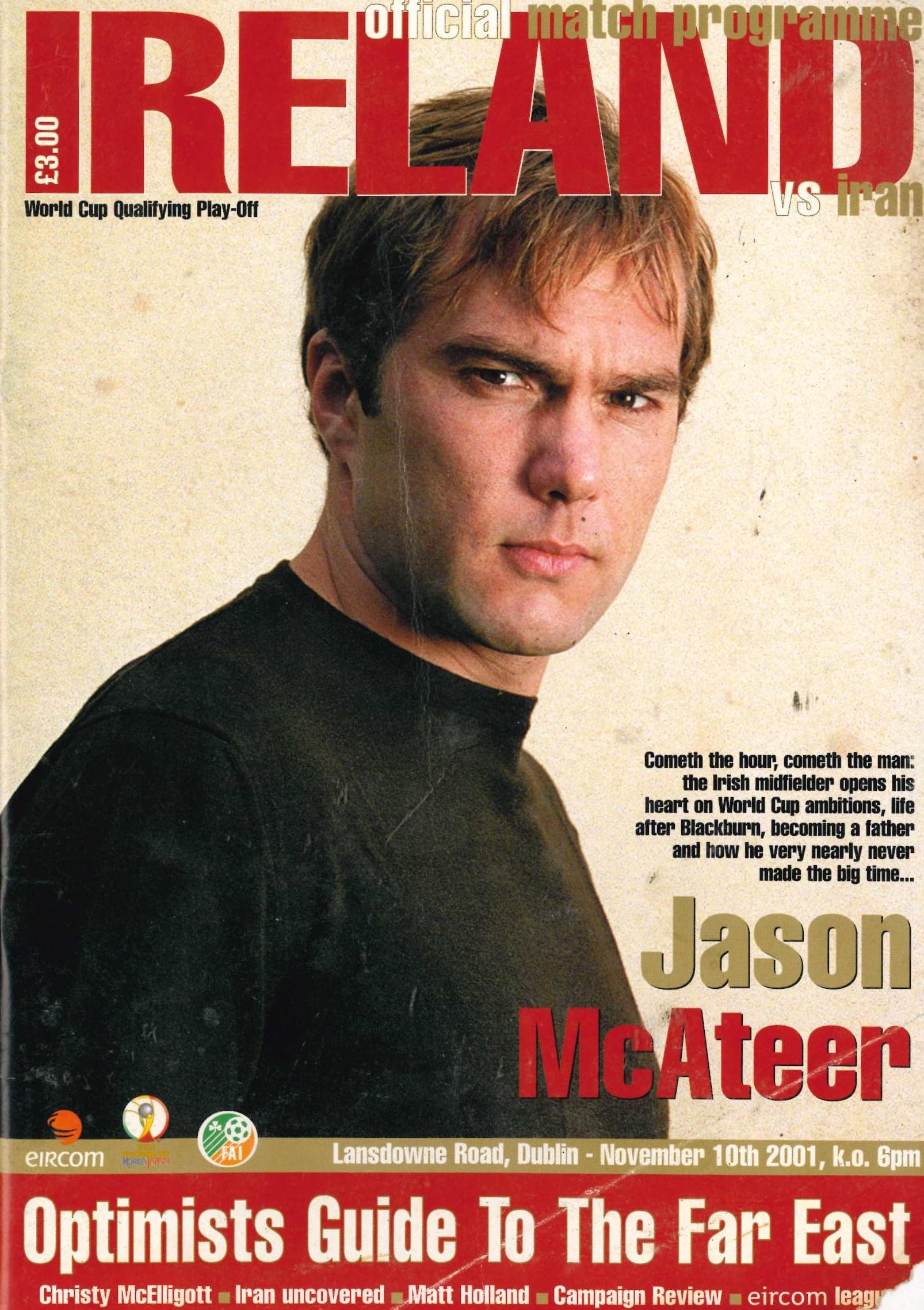Republic of Ireland v Iran matchday programme, 10 November 2001, Lansdowne Road, Dublin - World Cup Qualifying Playoff - Jason McAteer cover