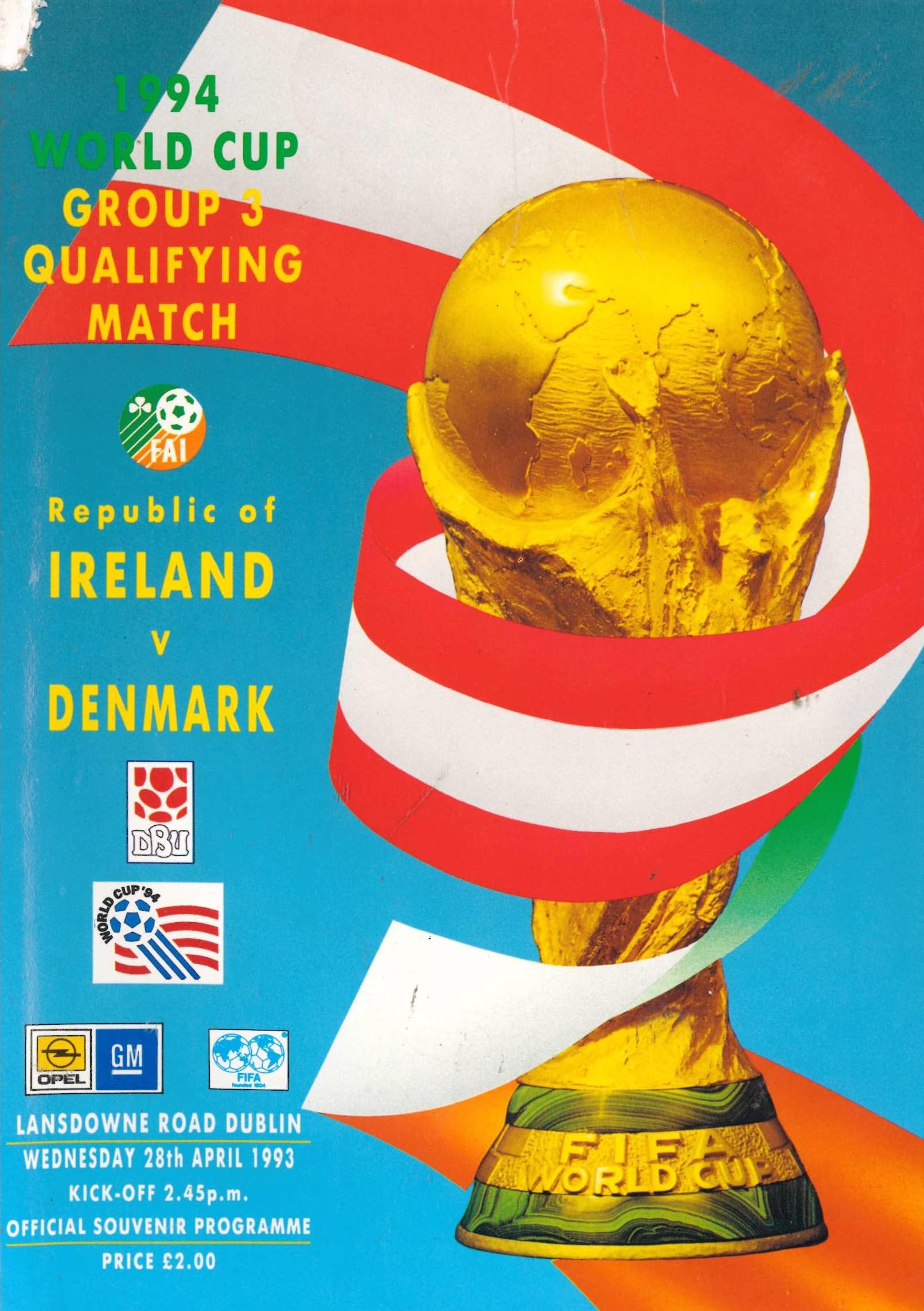 Republic of Ireland v Denmark matchday programme, 28 April 1993, Lansdowne Road, Dublin - USA '94 World Cup Group 3 Qualifying Match