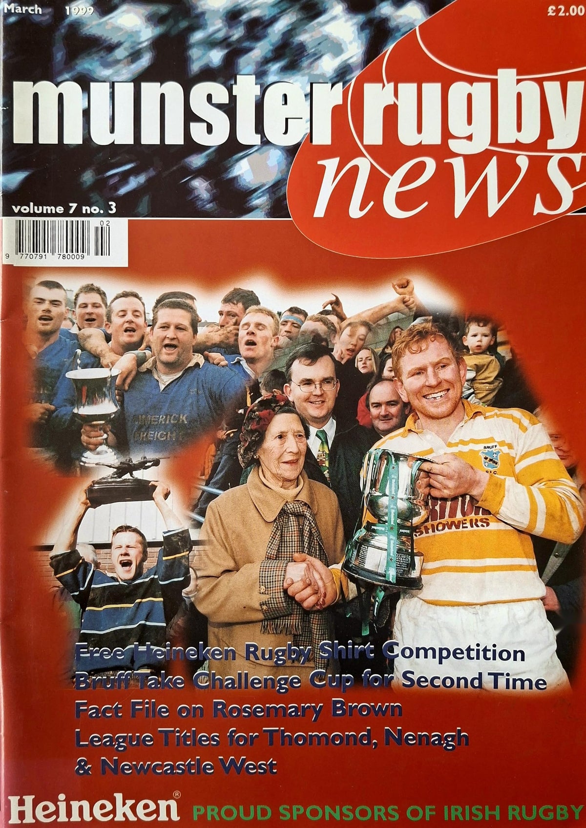 Munster Rugby News magazine, Vol 7 No 3, March 1999: Bruff take the Munster Junior Challenge Cup for a second time; league titles for Thomond, Nenagh Ormond and Newcastle West