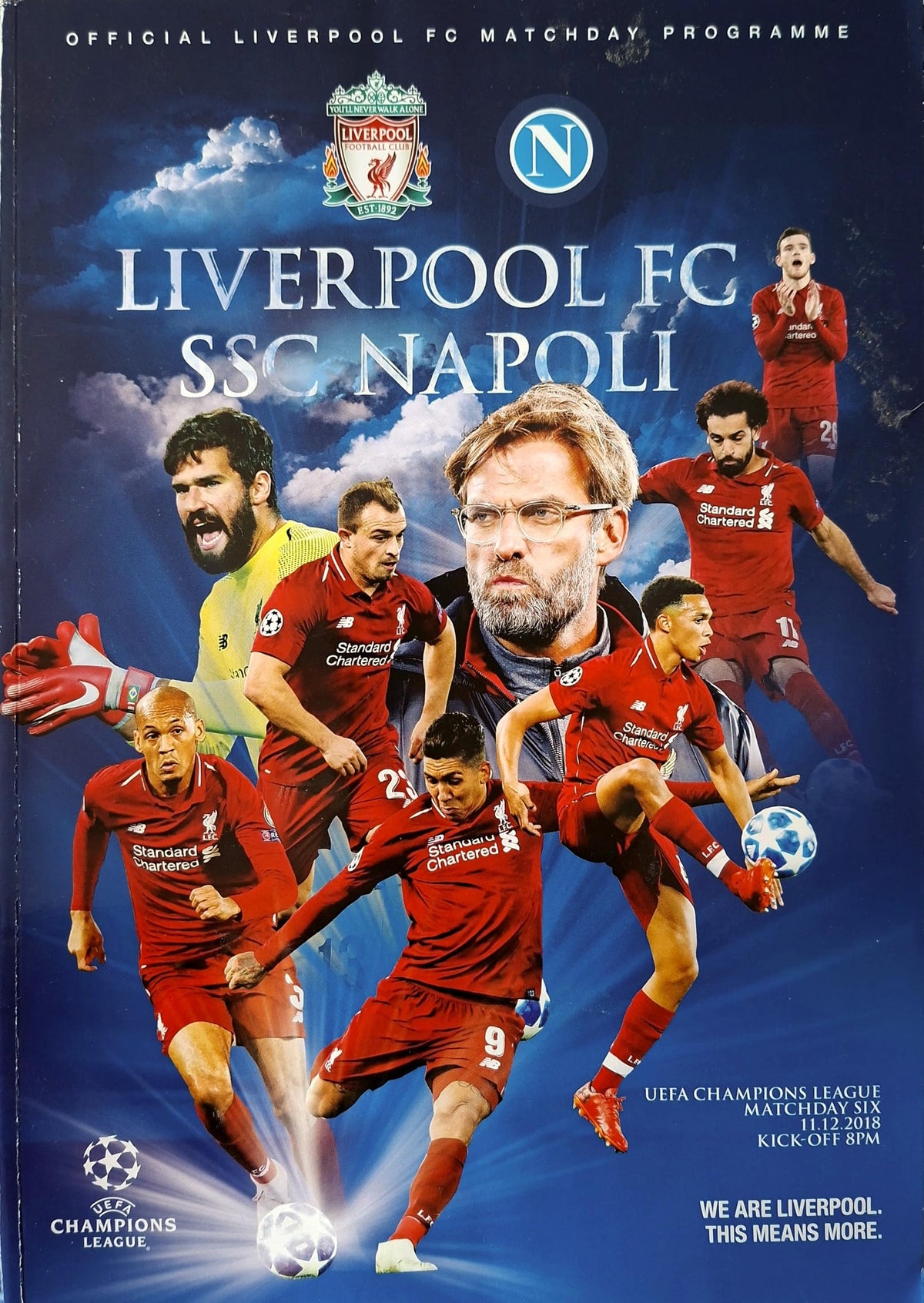 Liverpool FC official matchday programme, Season 2018/19: Liverpool v SSC Napoli, 11 December 2018 – UEFA Champions League group stage at Anfield; Klopp, Salah, Alexander-Arnold, Henderson