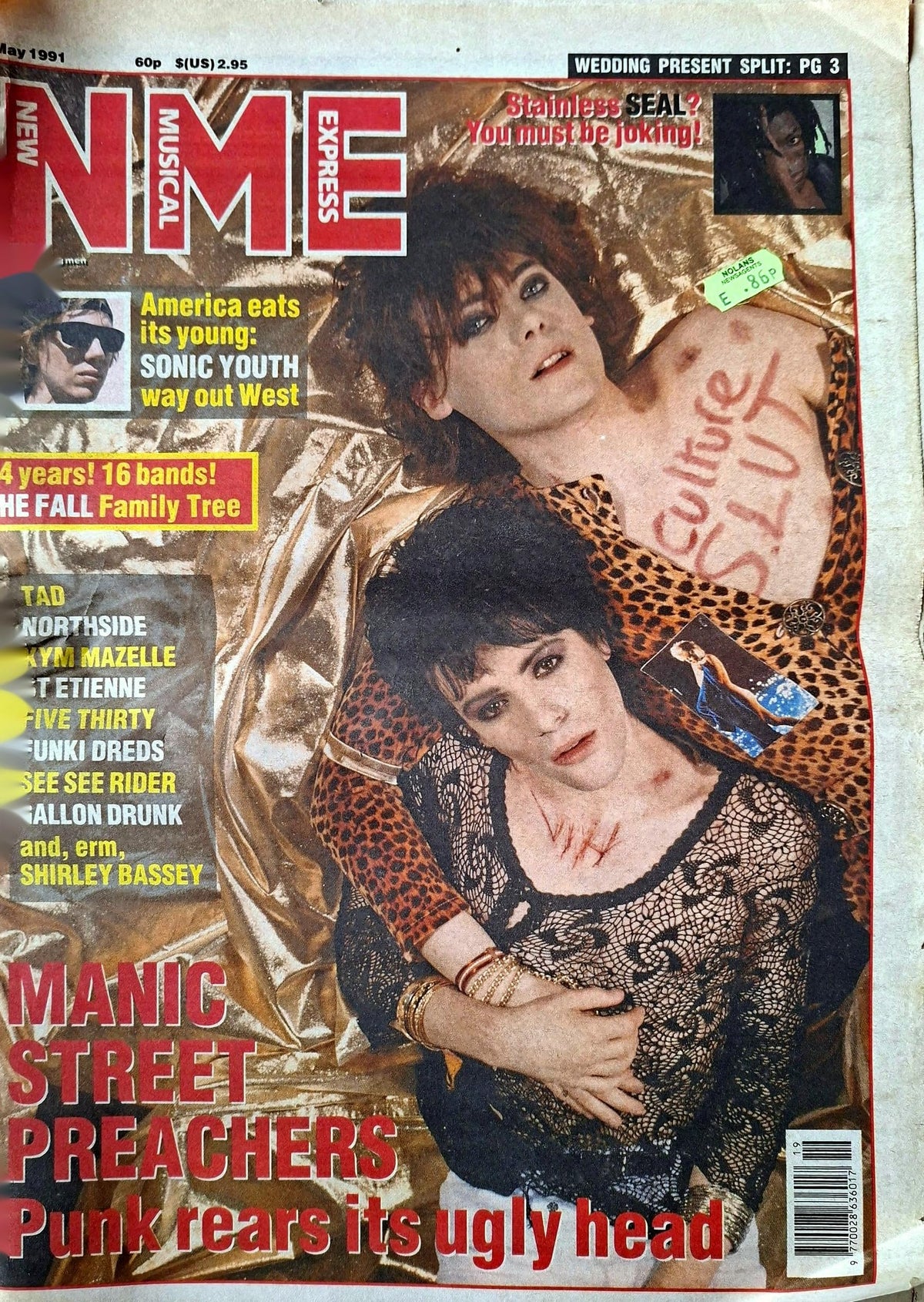 NME New Musical Express, 11 May 1991: Manic Street Preachers – Punk Rears Its Ugly Head; Sonic Youth, The Fall family tree, St Etienne, Gallon Drunk, Northside, Shirley Bassey