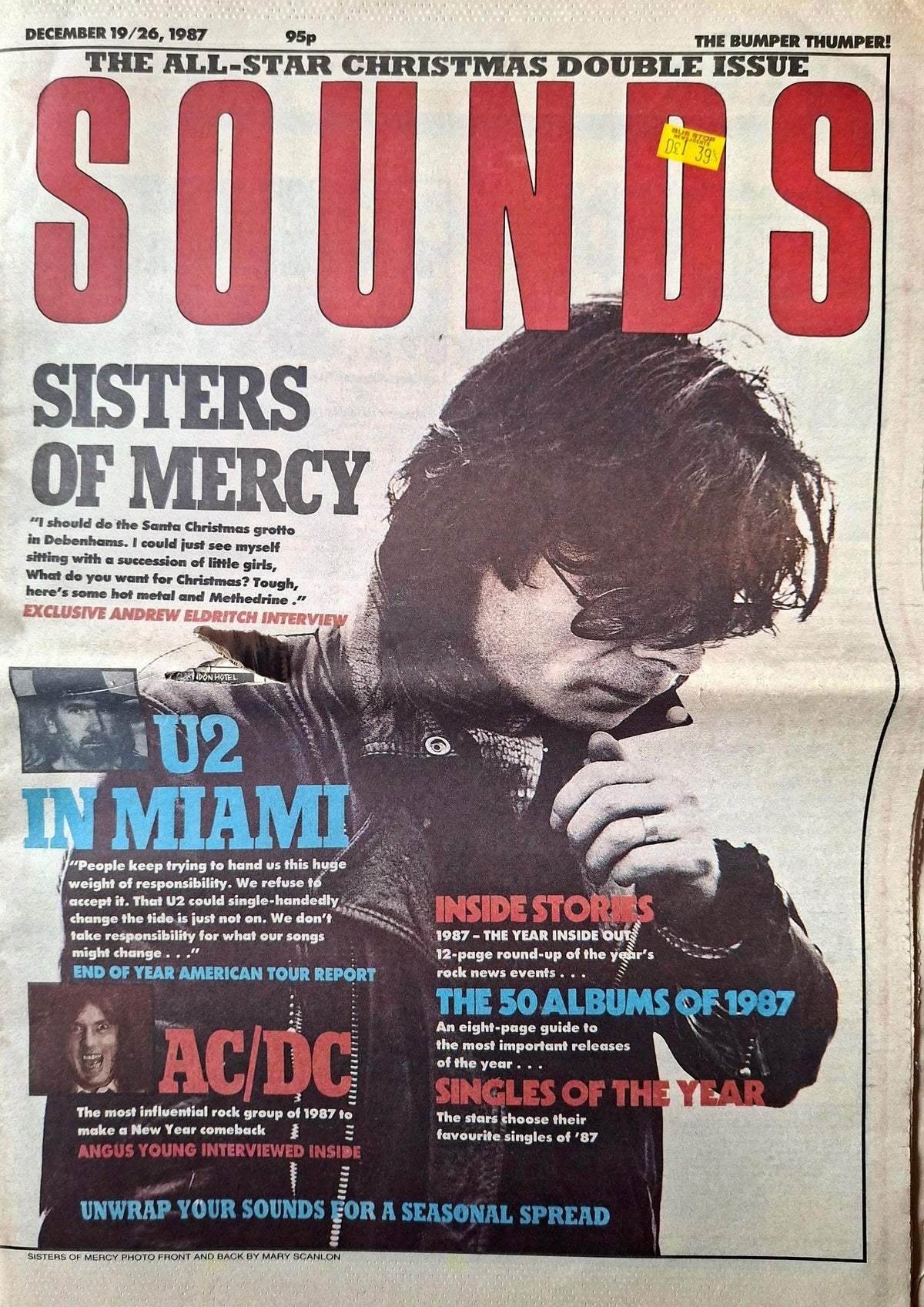 Sounds, 19/26 December 1987 Christmas double issue: Sisters of Mercy – Andrew Eldritch interview; U2 in Miami, AC/DC Angus Young, the 50 albums of 1987, singles of the year