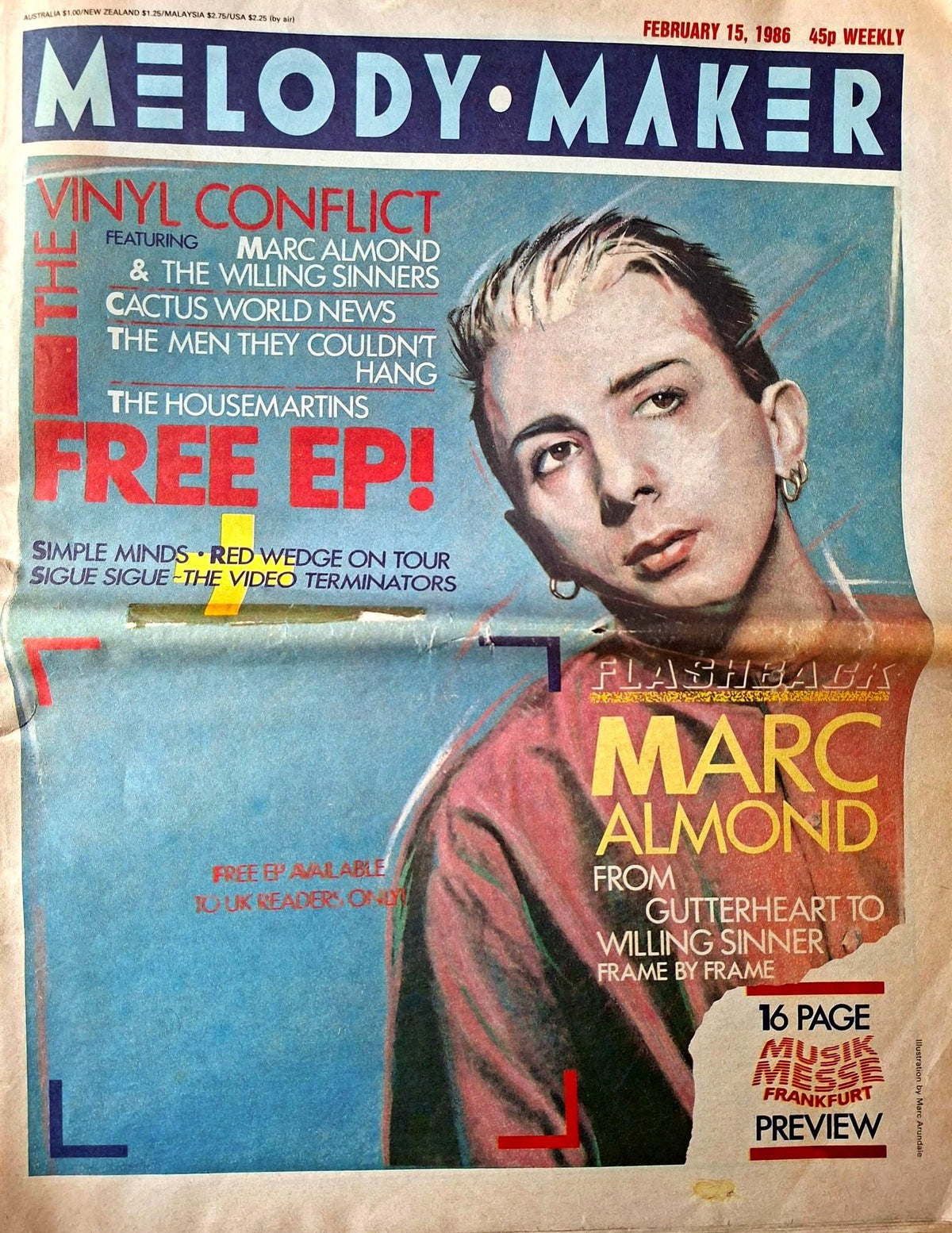 Melody Maker, 15 February 1986: Marc Almond flashback – From Gutterheart to Willing Sinner; The Vinyl Conflict EP, Housemartins, Red Wedge on tour, Simple Minds, Sigue Sigue Sputnik
