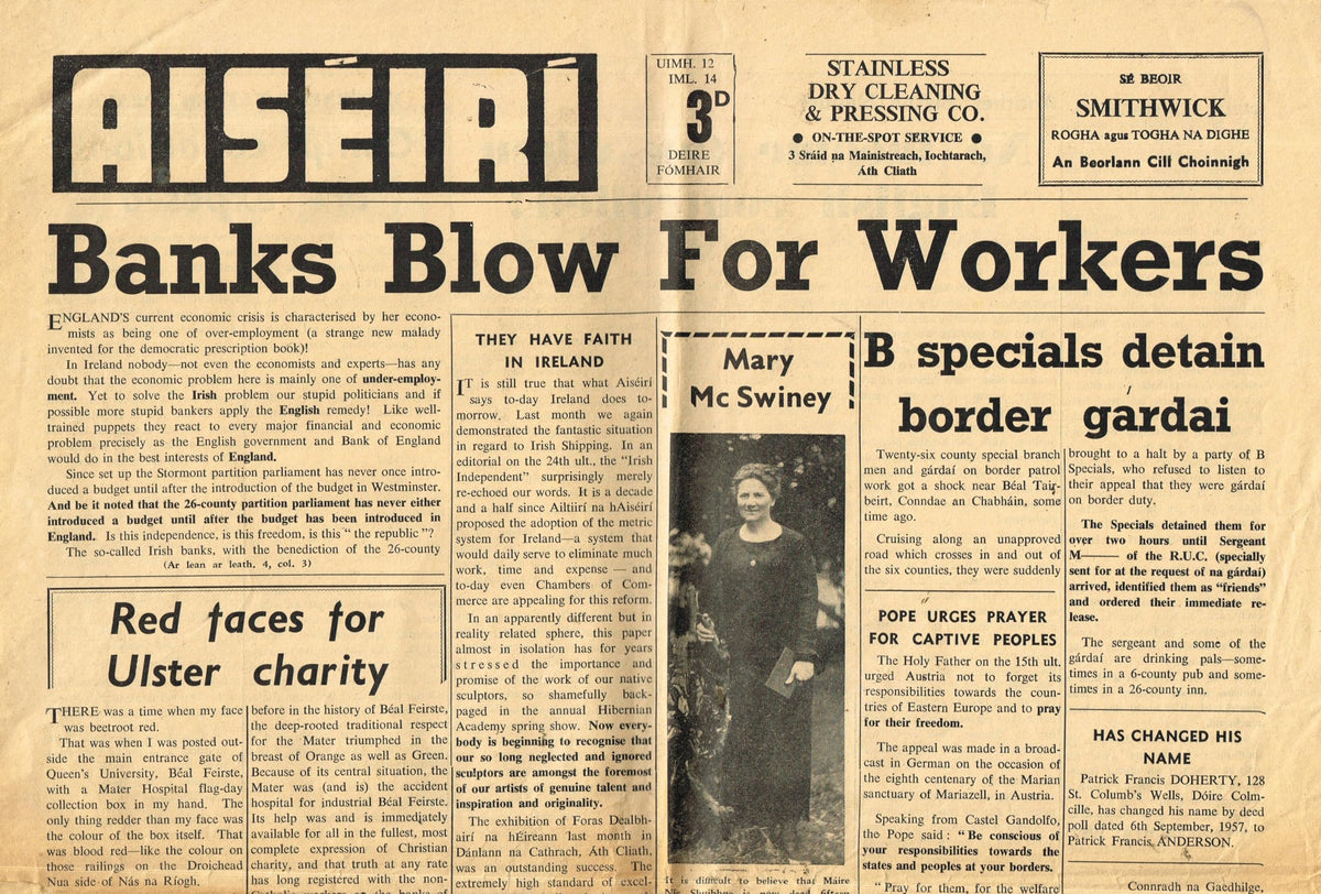 Aiséirí newspaper: Iml 14, Uimh 12, Deire Fomhair 1957 (Vol 14, Number 12, October 1957)