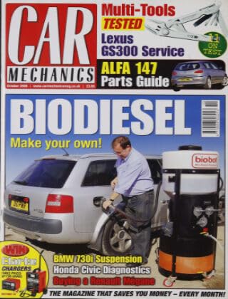 Car Mechanics magazine, October 2009: make your own biodiesel, BMW 730i suspension, Honda Civic diagnostics, Renault Mégane, Alfa Romeo 147 parts, Lexus GS300