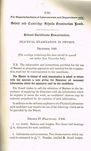 Oxford and Cambridge Schools Examination Board - School Certificate Examination papers, December 1949