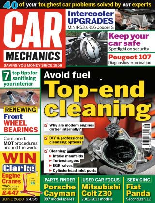 Car Mechanics magazine, June 2020: top-end cleaning, front wheel bearings, Porsche Cayman 987 parts, Mitsubishi Colt Z30, Fiat Panda Gen2 1.2, Peugeot 107, Mini R53 and R56 Cooper S