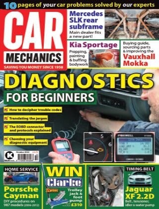 Car Mechanics magazine, October 2022: diagnostics for beginners, Porsche Cayman 987 service, Jaguar XF 2.2D belt, tensioner, idler, water pump; Mercedes SLK rear subframe, Kia Sportage, Vauxhall Mokka