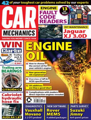 Car Mechanics magazine, October 2020: engine oil, Citroen C5 trailing arm bearings, Audi A4 Cabriolet hydraulic hose, Jaguar XJ 3.0D, Vauxhall Movano diagnostics, Rover MEMS, Suzuki Jimny