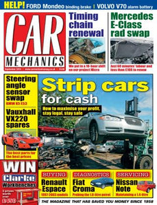 Car Mechanics magazine, September 2014: strip cars for cash, BMW X5 steering angle sensor, Vauxhall VX220 spares, Renault Espace, Fiat Croma 1.8-litre petrol diagnostics