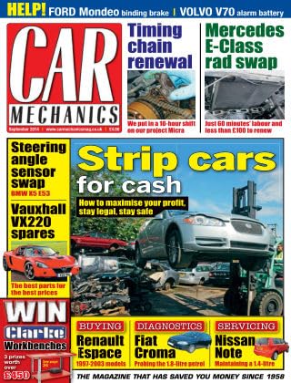 Car Mechanics magazine, September 2014: strip cars for cash, BMW X5 steering angle sensor, Vauxhall VX220 spares, Renault Espace, Fiat Croma 1.8-litre petrol diagnostics