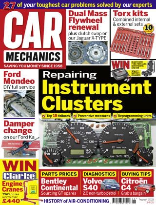 Car Mechanics magazine, August 2015: repairing instrument clusters, Ford Mondeo, Ford Ka dampers, Bentley Continental GT spares, Volvo S40 diagnostics, Citroen C4