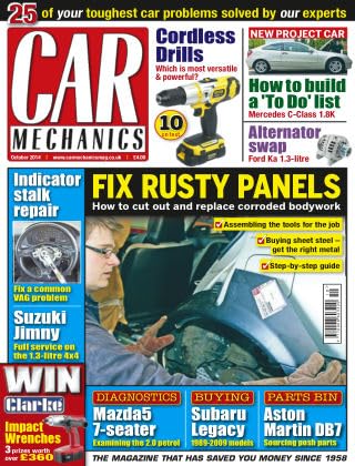Car Mechanics magazine, October 2014: rusty panels, Suzuki Jimny, Mazda5 diagnostics, Subaru Legacy, Aston Martin DB7 parts, Mercedes C-Class 1.8k, Ford Ka 1.3-litre alternator
