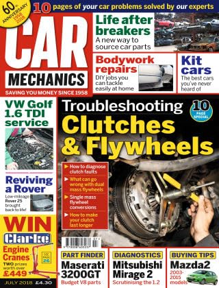 Car Mechanics magazine, July 2018: clutches and flywheels, VW Golf 1.6 TDI, Rover 25, Maserati 3200GT parts, Mitsubishi Mirage 2 diagnostics, Mazda2