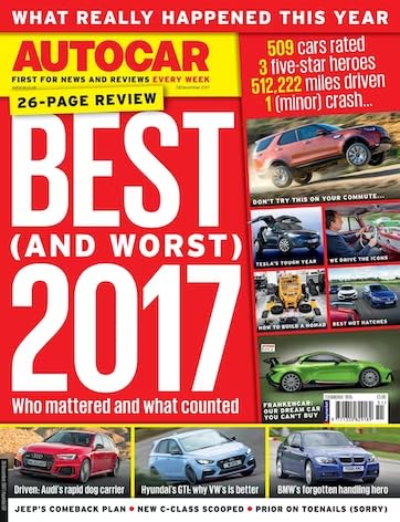 Autocar magazine, 28 December 2017, Volume 294, No 13, Issue 6287: Best (and worst) 2017: Audi, Hyundai GTI, VW, BMW, Nomad, Tesla