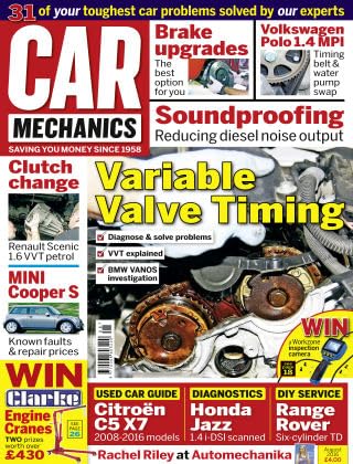 Car Mechanics magazine, August 2016: variable valve timing (VVT), Renault Scenic 1.6 VVT petrol clutch, BMW Mini Cooper S, VW Polo 1.4 MPI timing belt and water pump, Citroen C5 X7