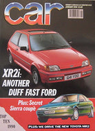 CAR magazine 01/1990 featuring Ford XR2i, Lotus Esprit, Jaguar XJS, BMW M3, Mercedes