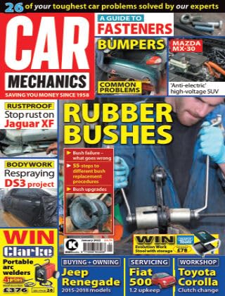 Car Mechanics magazine, January 2022: rubber bushes, Jaguar XF rustproofing, Citroen DS3 respray, Mazda MX-30, Jeep Renegade, Fiat 500, Toyota Corolla clutch