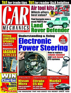 Car Mechanics magazine, July 2014: electronic power steering (EPS), Land Rover Defender parts, Vauxhall Zafira lowering springs, Jaguar X-Type 2.0 D diagnostics