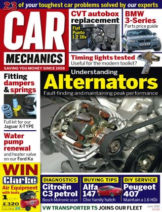 Car Mechanics magazine, June 2015: alternators, Jaguar X-Type dampers and springs, Ford Ka water pump, Citroen C3 Bosch Motronic diagnostics, Alfa Romeo 147, Peugeot 407 1.6 Hdi