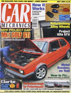 Car Mechanics magazine, July 2005: VW Mk1 Golf Gti, Alfa Romeo GTV, alloy wheels