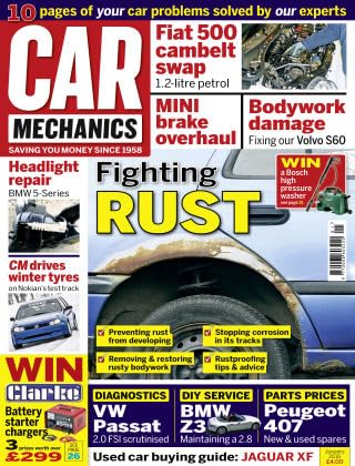 Car Mechanics magazine, January 2016: fighting rust, BMW 5-Series headlight repair, Nokian test track, Fiat 500 cambelt, BMW Mini brakes, Volvo S60, VW Passat 2.0 FSI, BMW Z3, Peugeot 407