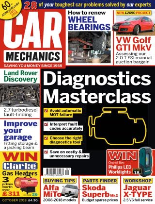 Car Mechanics magazine, October 2018: diagnostics masterclass, Land Rover Discovery 2.7 turbodiesel fault-finding, VW Golf GTI MkV, Alfa Romeo MiTo, Skoda Superb Mk2, Jaguar X-Type 2.5 V6