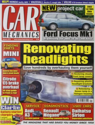 Car Mechanics magazine, January 2014: renovating headlights, BMW Mini, Citroen C5 brakes, Audi A3 1.6-litre petrol, Renault Mégane diagnostics