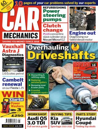 Car Mechanics magazine, May 2018: driveshafts, Vauxhall Astra J 1.6 Ecotec petrol diagnostics, Ford Fiesta 1.25 cambelt, Nissan Micra K12 clutch, Audi Q5 3.0 TDI, Kia SUV Sportage, Hyundai Coupé parts
