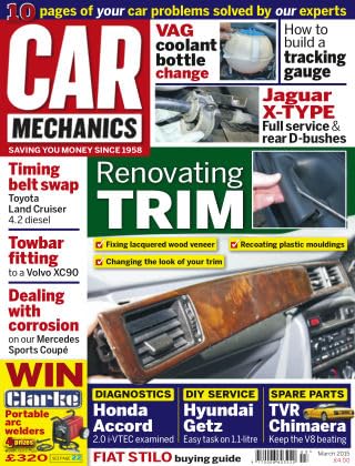 Car Mechanics magazine, March 2015: Renovating trim, Toyota Land Cruiser 4.2 diesel timing belt, Volvo XC90 towbar, Mercedes Sports Coupé corrosion