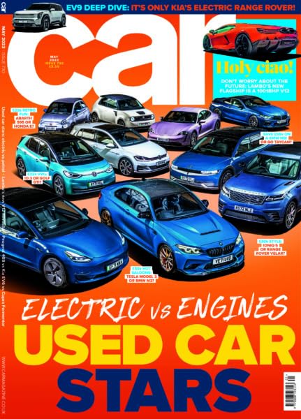 Car Magazine (UK), May 2023, Issue 730: Used Electric vs Engines, Kia EV9, Tesla Model 3, BMW M2, Range Rover Velar, Porsche Taycan, VW ID3, Golf GTI, Fiat Abarth 595, Honda E, Lamborghini Revuelto