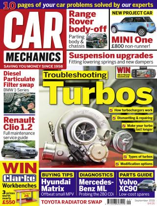 Car Mechanics magazine, September 2015: troubleshooting turbos, BMW 1-Series diesel particulate filter swap, Renault Clio 1.2, Range Rover body-off, BMW Mini One, Mercedes ML 280 CDI