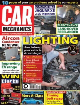Car Mechanics magazine, January 2023: lighting, aircon condensers, Jaguar XE 2.0D Ingenium diagnostics, Land Rover Freelander, Mercedes A-Class, Fiat Panda 1.4-litre 16v 100HP FIRE engine