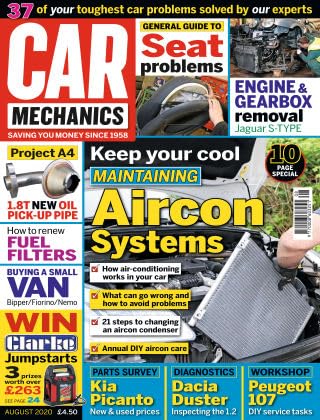 Car Mechanics magazine, August 2020: aircon systems, Audi A4 1.8t oil pickup pipe, Jaguar S-Type engine and gearbox removal, Kia Picanto, Dacia Duster diagnostics, Peugeot 107