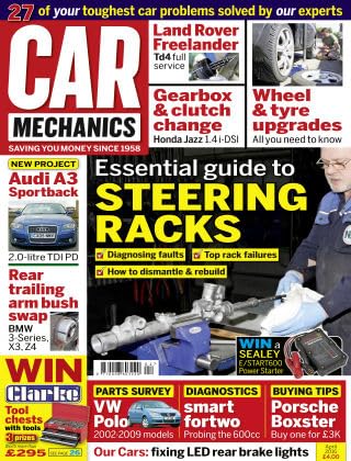 Car Mechanics magazine, April 2016: steering racks, Audi A3 Sportback, BMW 3-Series, X3, Z4 rear trailing arm bush swap, Land Rover Freelander Td4, Honda Jazz 1.4 i-DSI gearbox and clutch