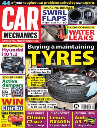 Car Mechanics magazine, December 2020: tyres, Hyundai i10 1.2, BMW Mini Cooper S 1.6 active dampers, Saab 9-3 TTiD swirl flaps, Citroen C3 Mk2 parts, Lexus RX400h diagnostics, Audi A3