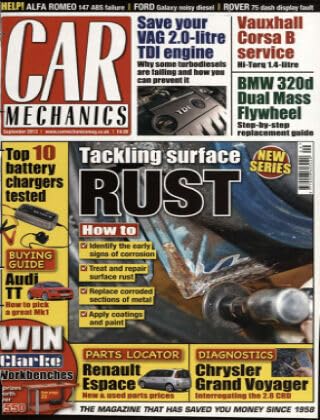 Car Mechanics magazine, September 2013: surface rust, Renault Espace parts, Chrysler Grand Voyager 2.8 CRD diagnostics, BMW 320d dual mass flywheel
