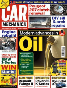 Car Mechanics magazine, September 2018: oil, Vauxhall Insignia 2.0 CDTi, Peugeot 207 clutch, Renault Twingo II parts, BMW 1-Series, Rover 25 K-Series diagnostics, Hyundai i10