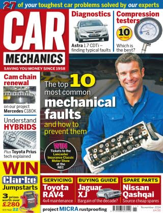 Car Mechanics magazine, November 2014: top 10 mechanical faults, Mercedes C180K cam chain, Toyota Prius, Vauxhall Astra 1.7 CDTi, Toyota Rav4, Jaguar XJ, Nissan Qashqua parts