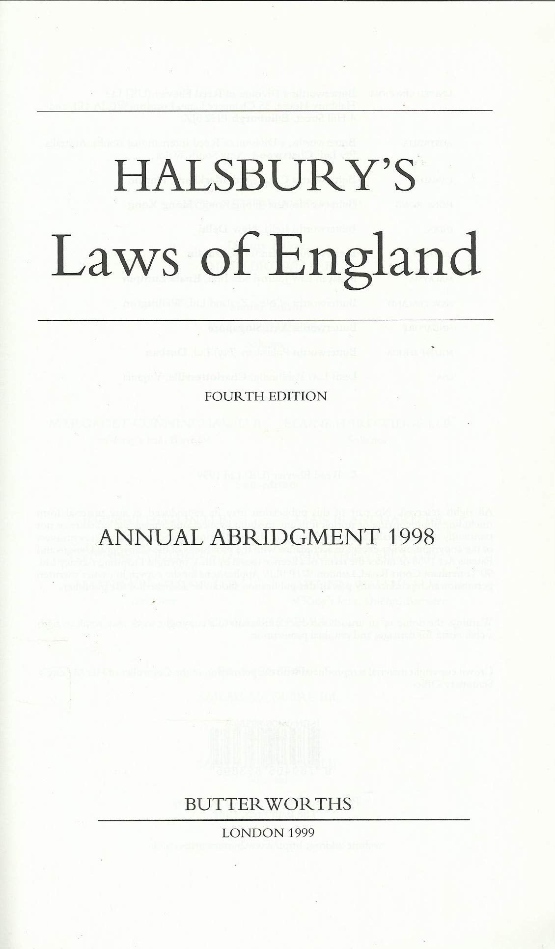 Halsbury's Laws of England 4th Edition Annual Abridgment 1998