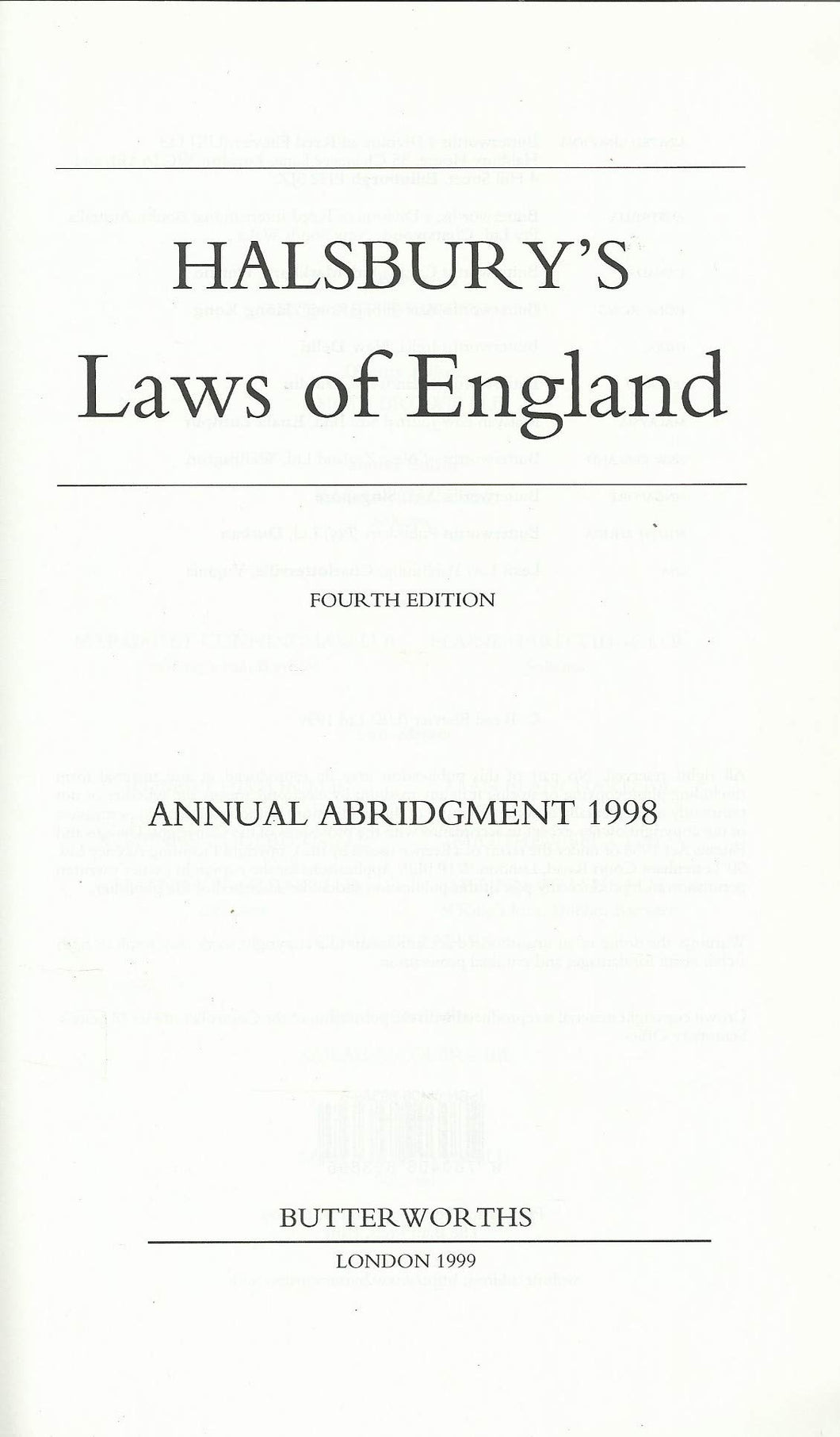 Halsbury's Laws of England 4th Edition Annual Abridgment 1998