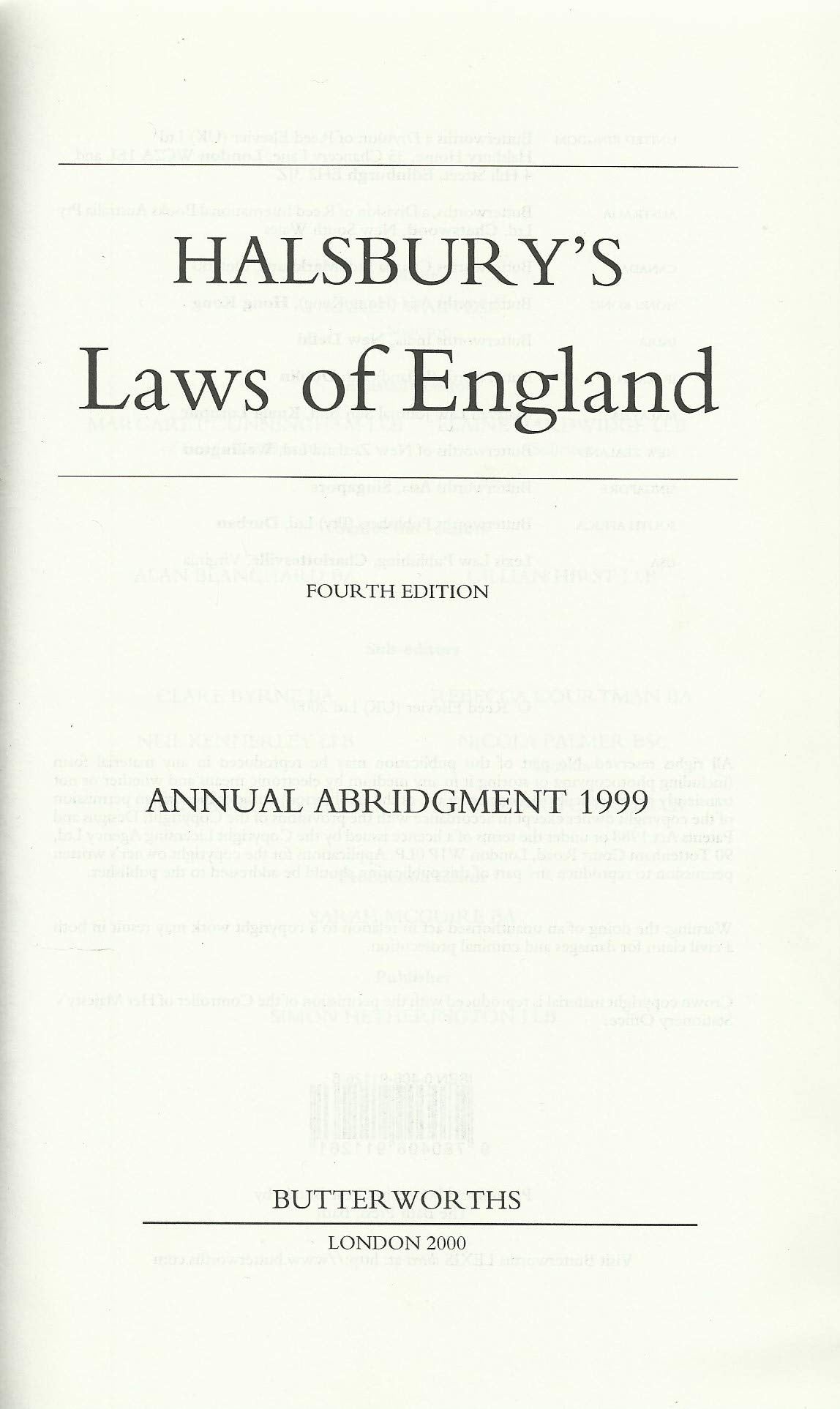 Halsbury's Laws of England 4th Edition Annual Abridgment 1999