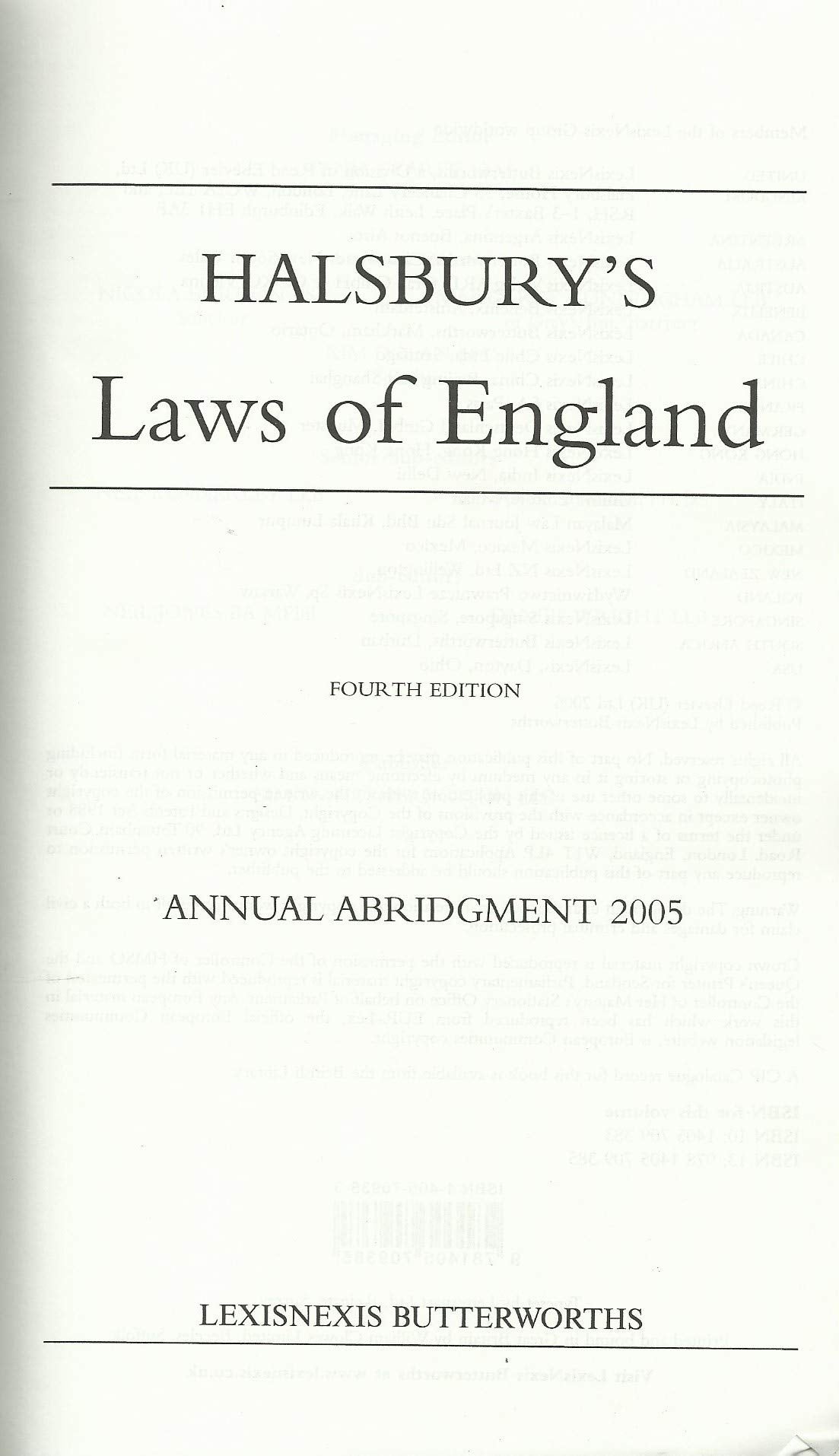 Halsbury's Laws of England Annual Abridgment 2005