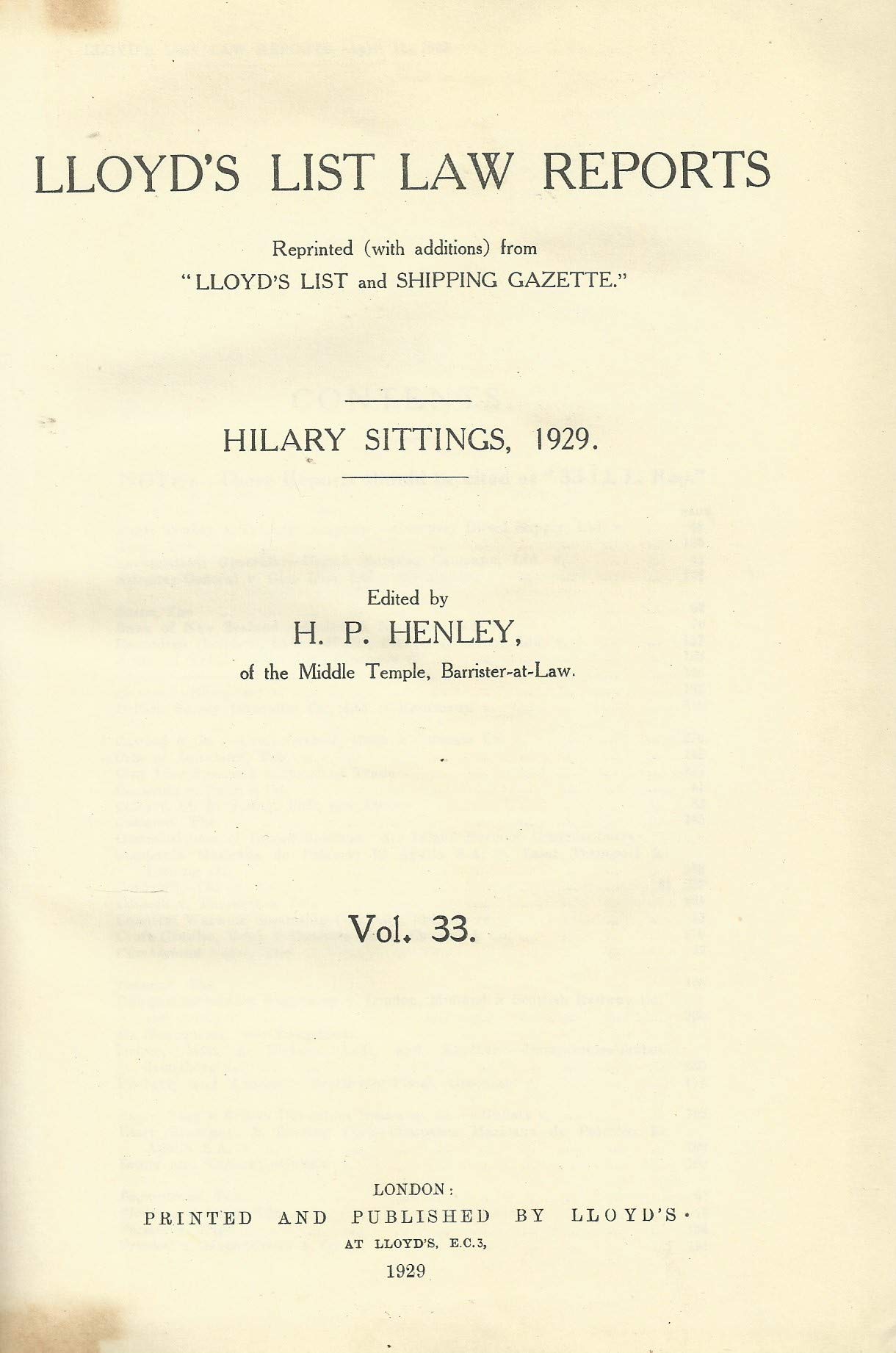 Lloyd's List Law Reports - Hilary Sittings, 1929, Vol 33
