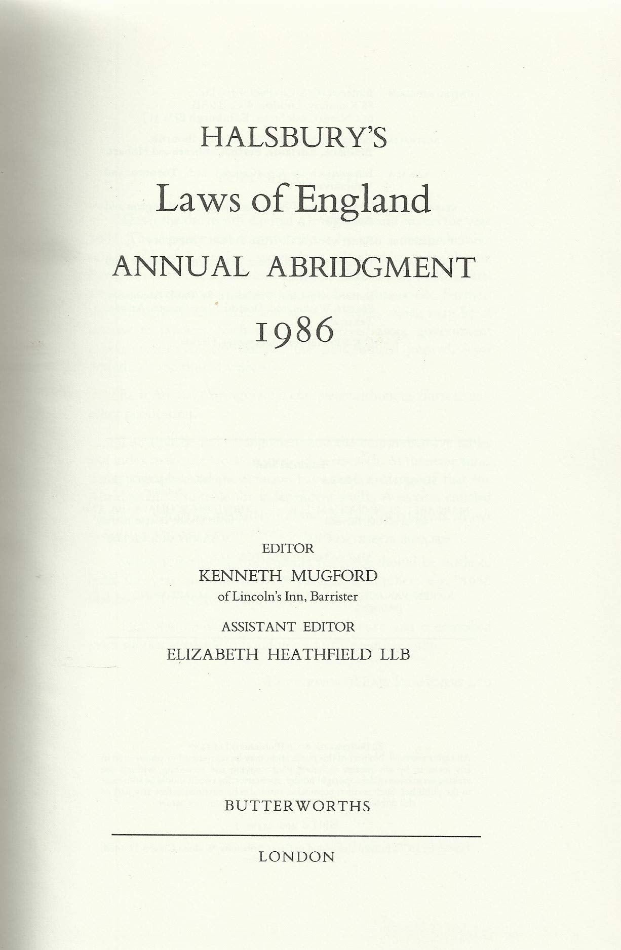 Halsbury's Laws of England Annual Abridgement 1986