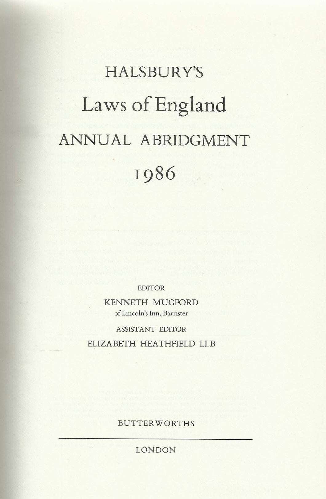 Halsbury's Laws of England Annual Abridgement 1986