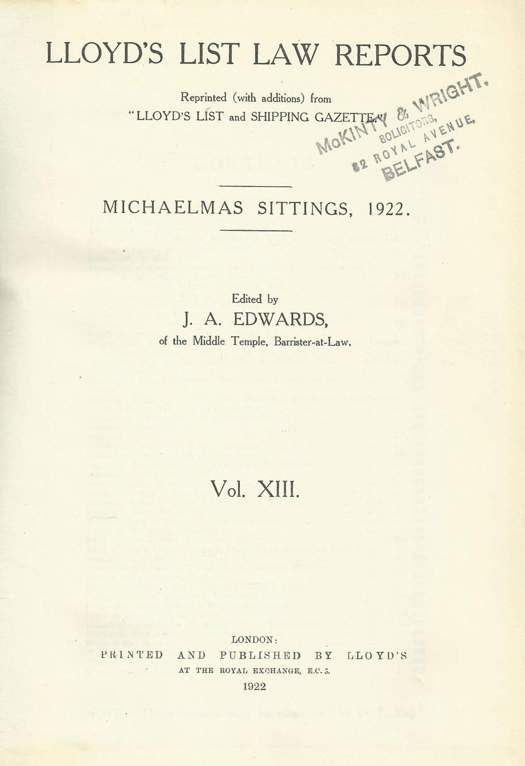 Lloyd's List Law Reports - Volume XIII (Volume 13), Michaelmas Sittings, 1922