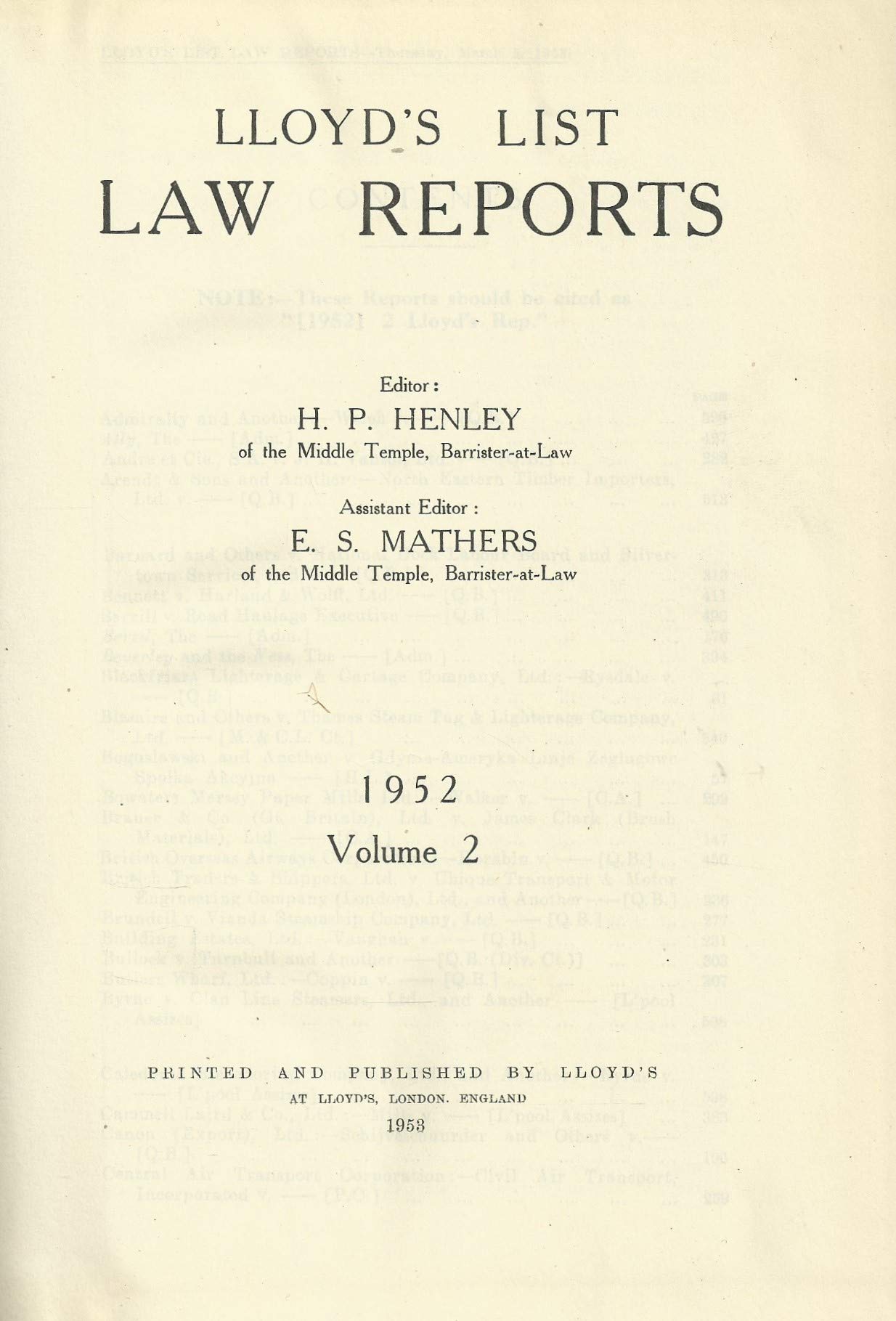 Lloyd's List Law Reports - 1952, Volume 2