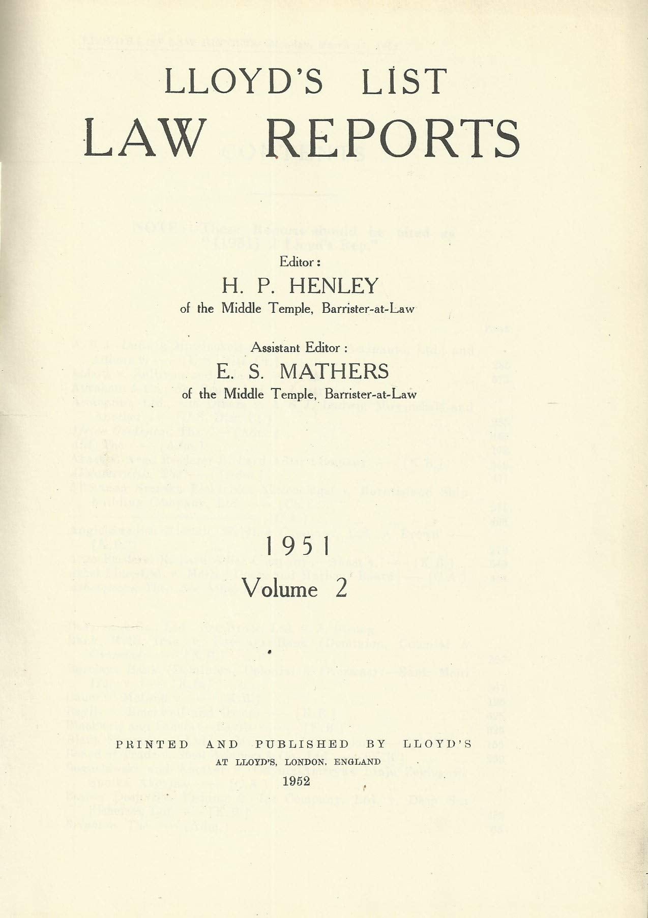 Lloyd's List Law Reports - 1951, Volume 2 (Volume II)