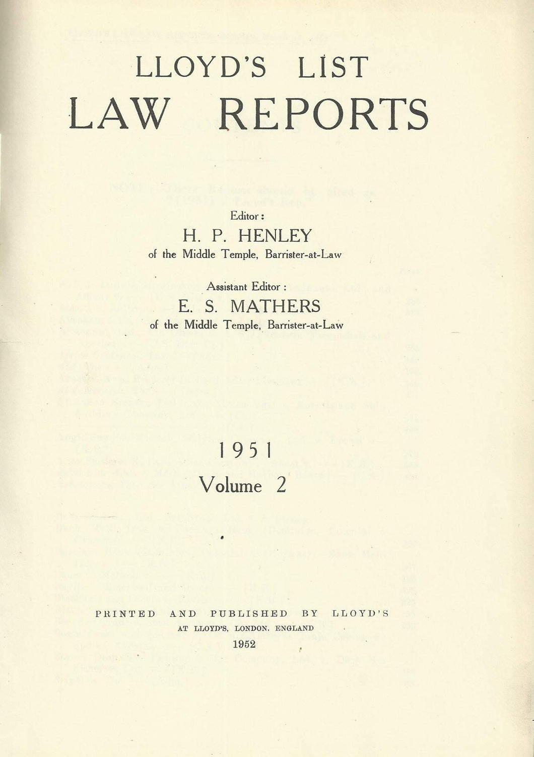 Lloyd's List Law Reports - 1951, Volume 2 (Volume II)